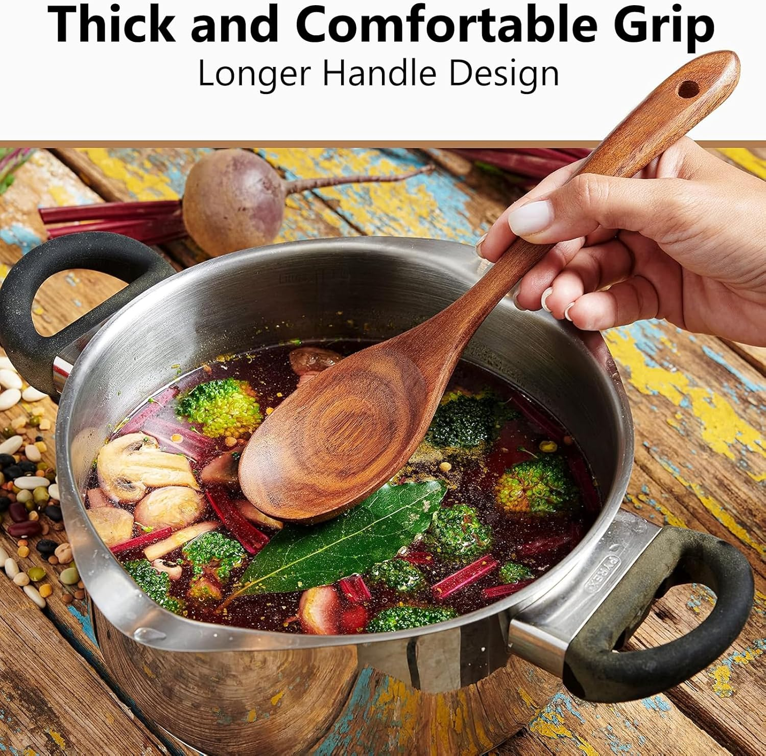 CATZONS 11 Pcs Wooden Cooking Utensils Set - with Holder & Spoon Rest, Smooth Finish Comfort Grip Teak Spatula Set image number 2