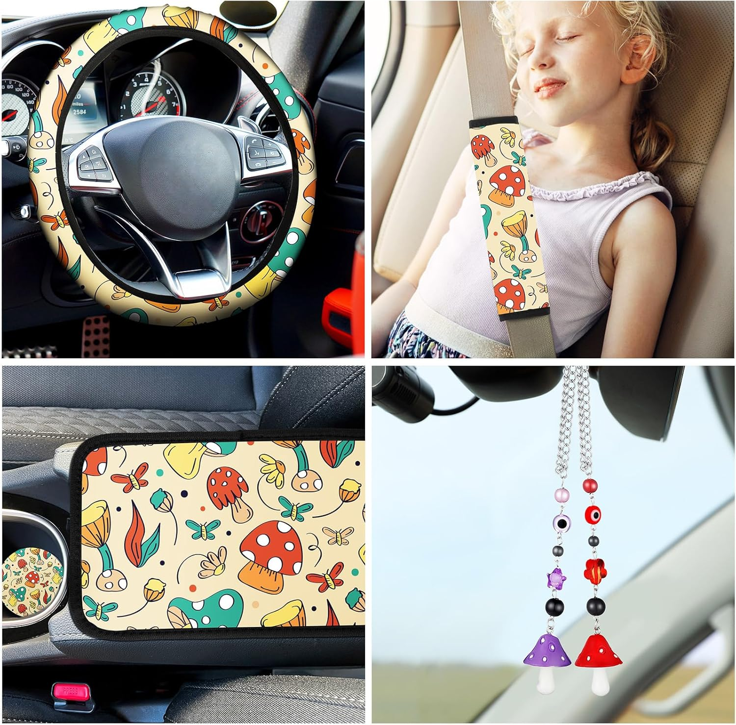 Riakrum 17 Pcs Mushroom Car Seat Covers Accessories Full Set for Women Men Automotive Rear Front Protector View Mirror Hanging Ornament Steering Wheel Belt Cover (Mushroom & Moth) (Sw-Riakrum-659738)