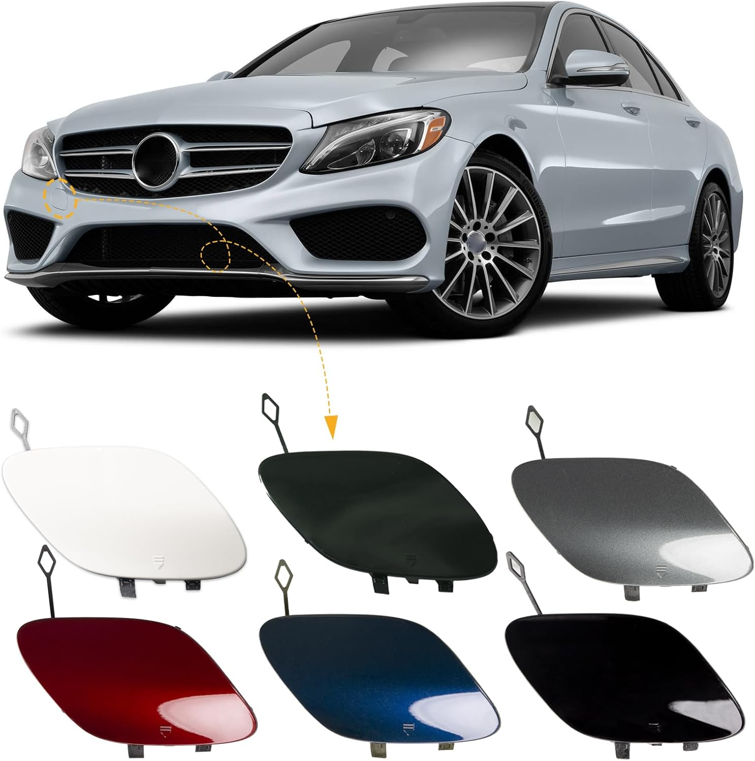 Front Bumper Tow Hook Cover Towing Eye Cap Trailer Cover Fit for Mercedes-Benz W205 C-Class Sedan C300 C400 C43AMG 2015-2018(Only Applicable to Sports Models)A2058850724 (Black, Right Passenger Side)