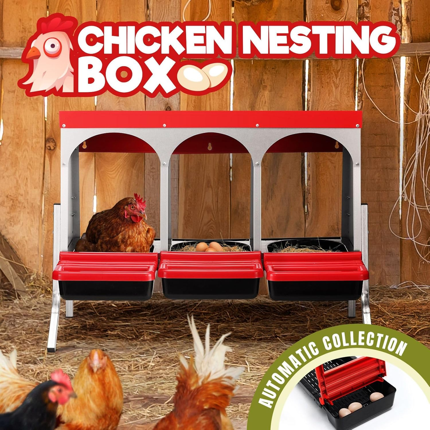 3 Hole Chicken Nesting Box Roll Away Hen Laying Nest Boxes Chook Coop Egg Brooder Poultry Roost Perch Galvanised Steel Plastic with Stand image number 6
