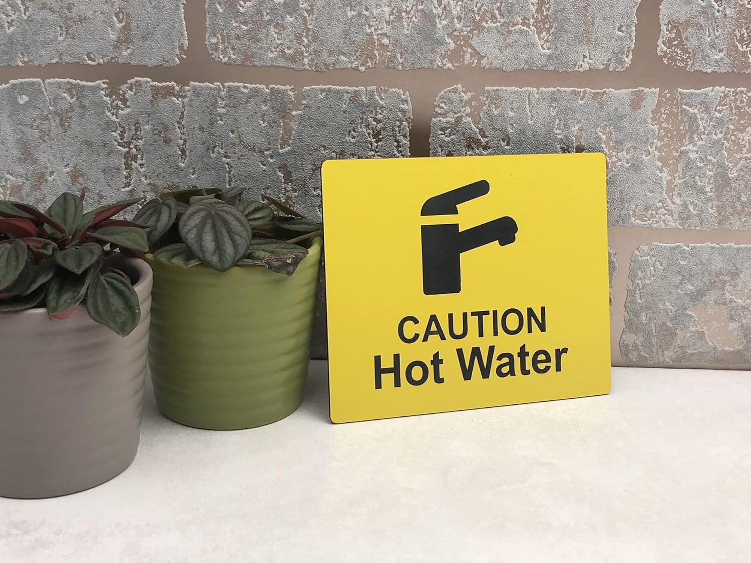 Caution Hot Water Tap Sink Sign Adhesive Sticker Notice, High Visibility Yellow Engraved Black with Universal Icon Symbol and Text (Size 12Cm X 10Cm)