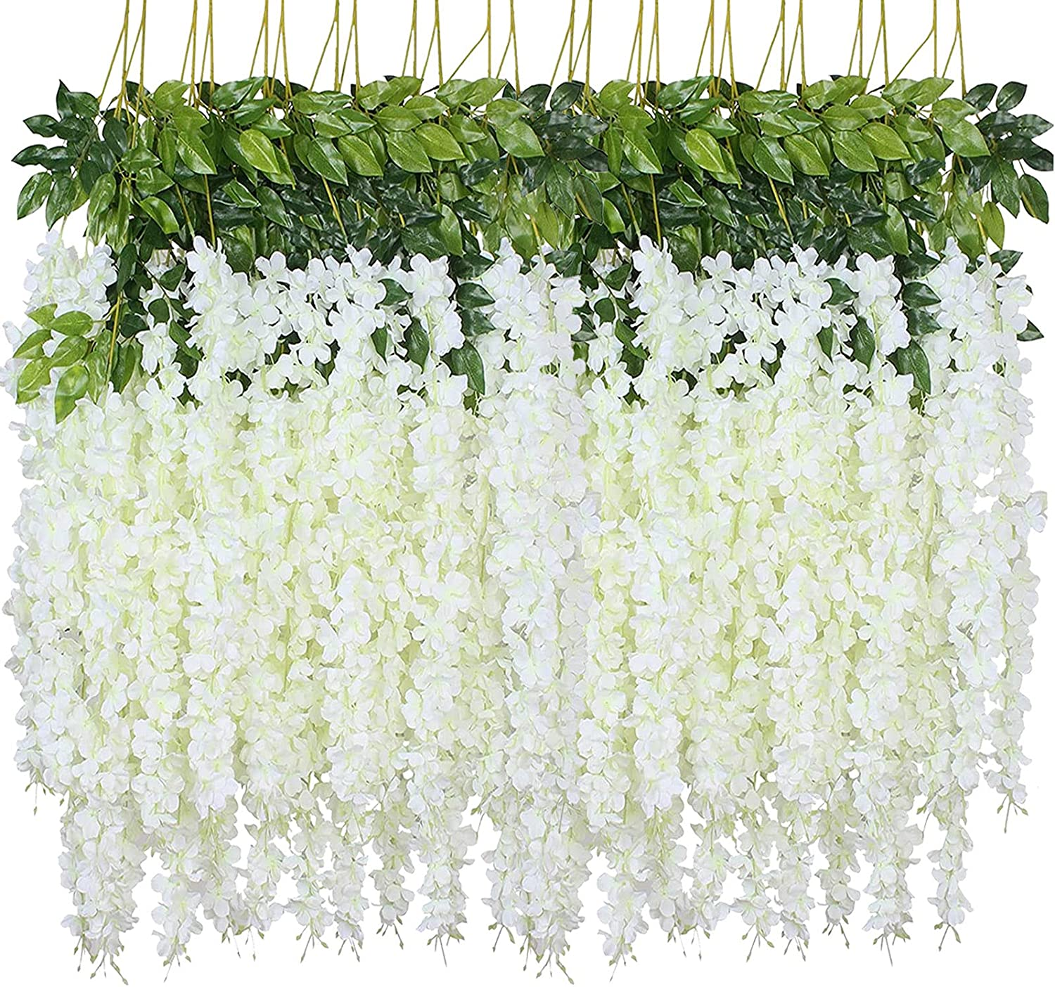 Fake Hanging Flowers - 12 Pieces 3.75 Feet/Piece Artificial Wisteria Vine Ratta Hanging Garland Silk Flowers for Home Party Wedding Decor (White)