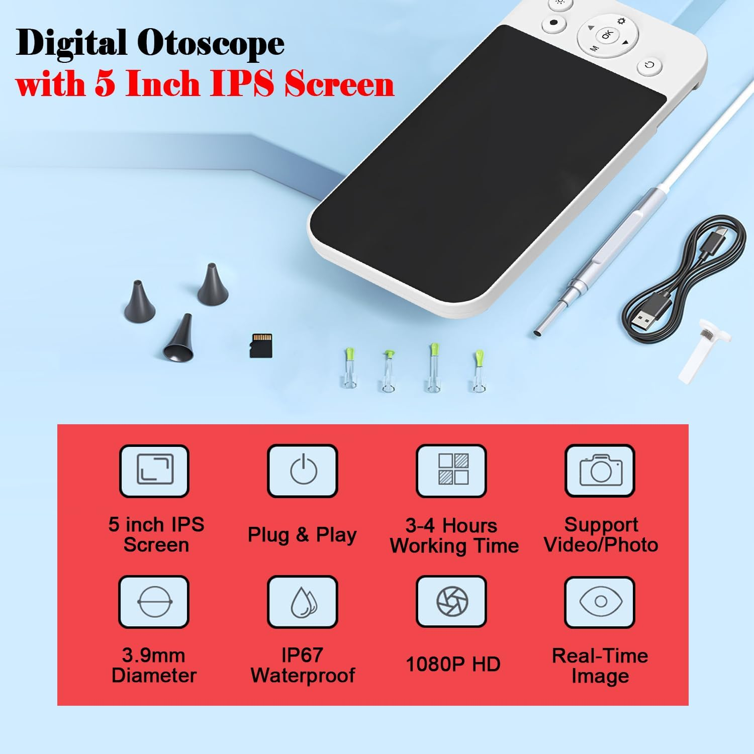 Digital Otoscope with 5 Inch IPS Screen, Ear Wax Removal Tool Camera, 3.9Mm Ear Cleaner with Camera & Light, HD Ear Camera Wax Remover, Supports Photo Snap & Video Recording, 32GB Card
