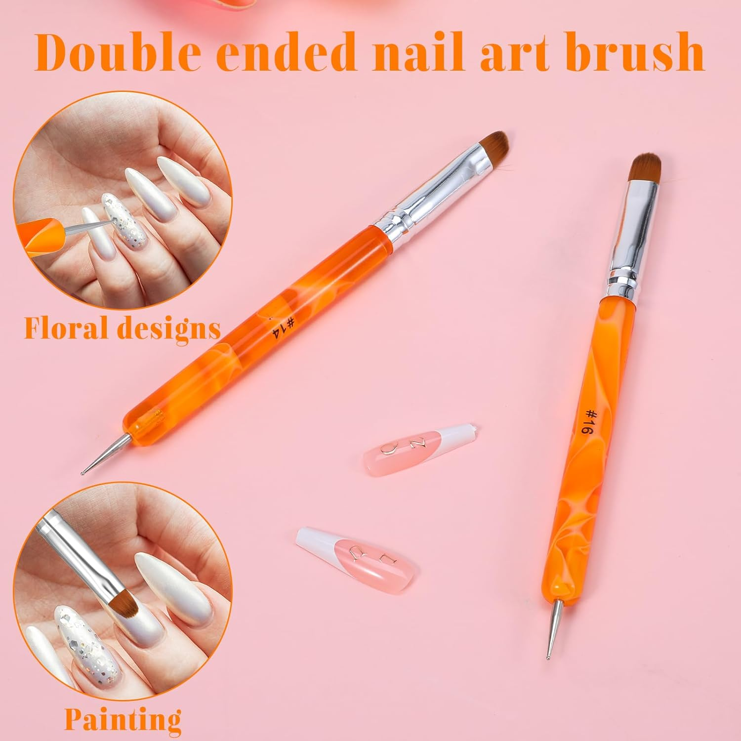 French Gel Acrylic Nail Art Brush with Dotting Tool, 2 Way French Gel Acrylic Nail Art Brush with Dotting Manicure Tool for Professional Manicure Nails Detailed Designs, Size #14 & #16 image number 4