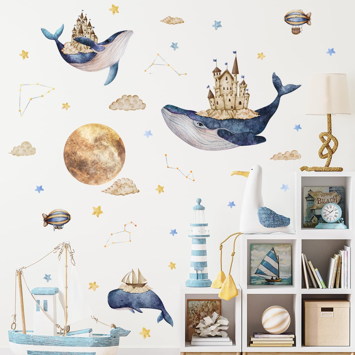 Whale Castle Wall Stickers,Large Whales Dolphins Star Moon Wall Art Decals Peel and Stick Wall Stickers for Boy Bedroom Kids Room Baby Nursery image number 5