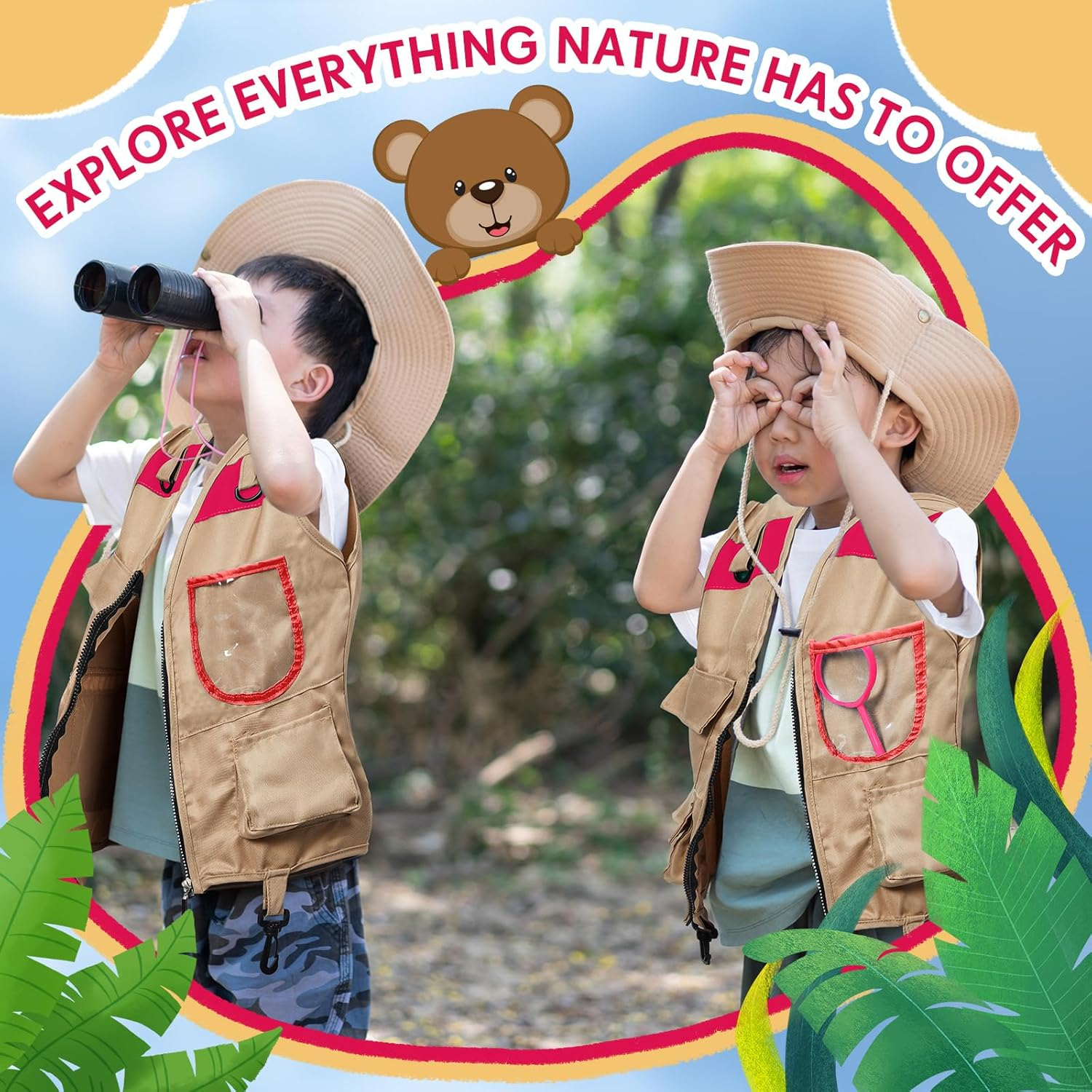 Ramede Kids Explorer Vest and Hat Costume Safari Cargo Vest Outdoor Adventure Camping Vest for Kids Boy Girls Outfit