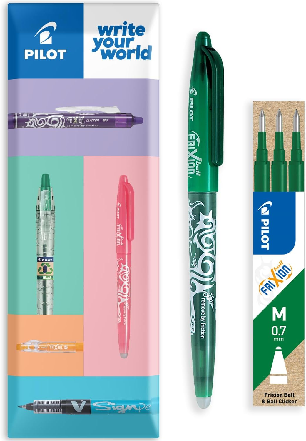 Pilot Frixion Heat/Friction Erasable Rollerball Pen FR7 - Medium Line 0.7Mm Tip Nib - Wallet Pack of 1 Pen + 3 Refills (Blue)