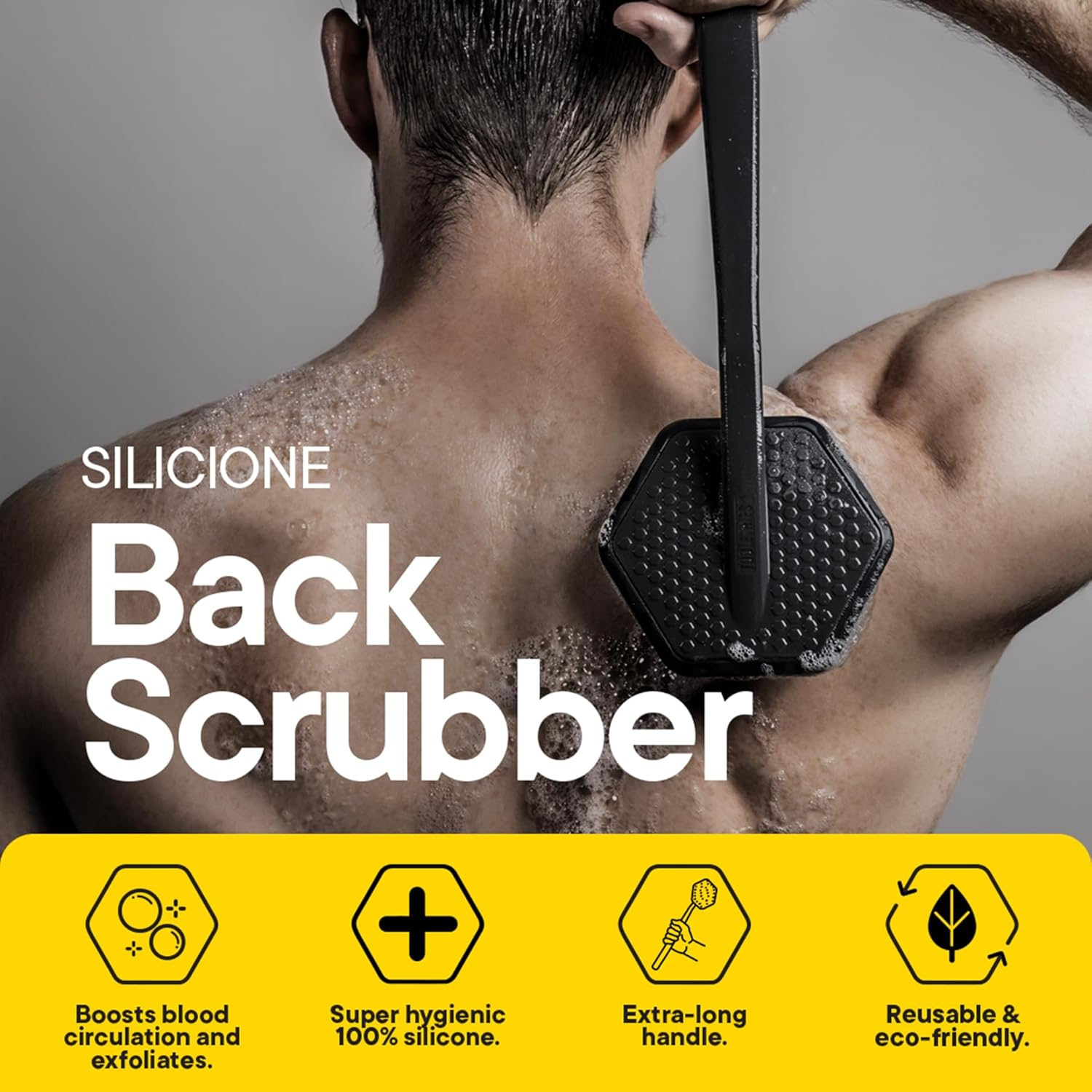 TOOLETRIES Silicone Back Scrubber - Exfoliating Shower Brush, Back Washer for Men, Durable Back Brush with Long Handle - Long Lasting Bath & Shower Accessories - Charcoal image number 3