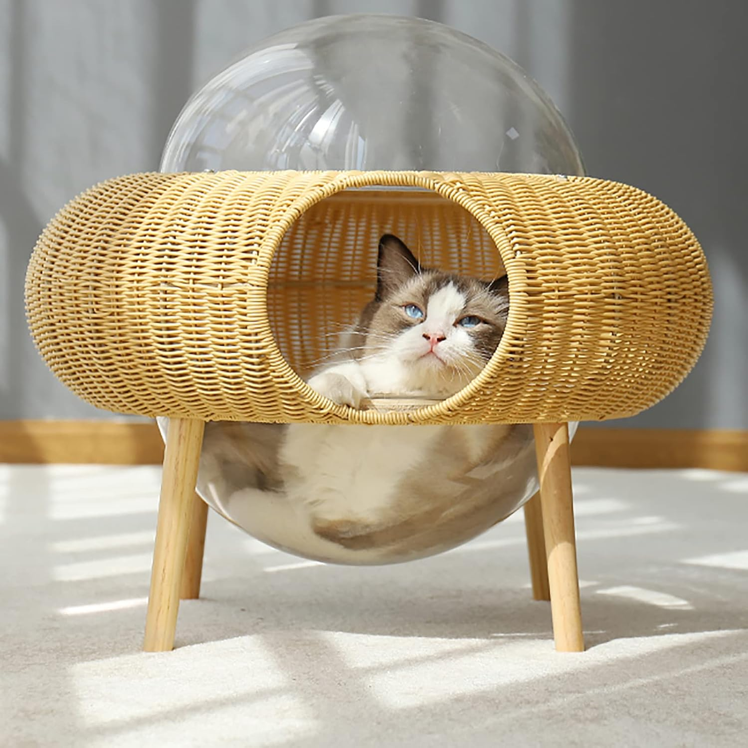 Cat House Space Capsule, Spaceship Alpha, Cute Durable Rattan Cat Bed Removable Washable Pet Bed, Designed & Modern Cat House image number 3