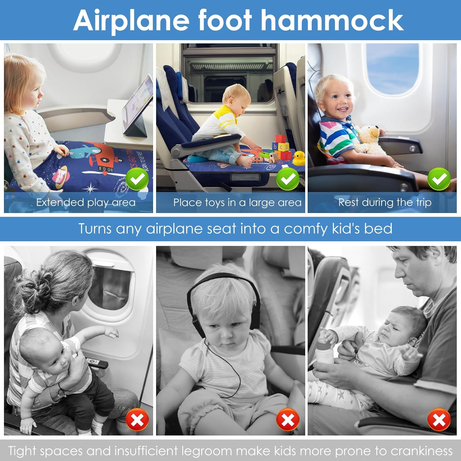 Toddler Travel Airplane Bed, Kids Airplane Seat Extender Travel Bed, Toddler Airplane Seat Extender, Baby Portable Plane Bed Foot Rest for Flights (A)