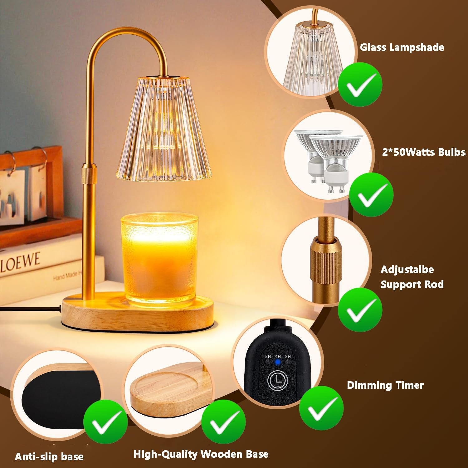 Candle Warmer Lamp with Timer and Dimmer,Adjustable Height Wax Melt Warmer with 2 Bulbs for Scented Jar Candles, Home Decor Gifts for Girl Friend Mom Sister Women, No Flame No Smoke Warming Light image number 5