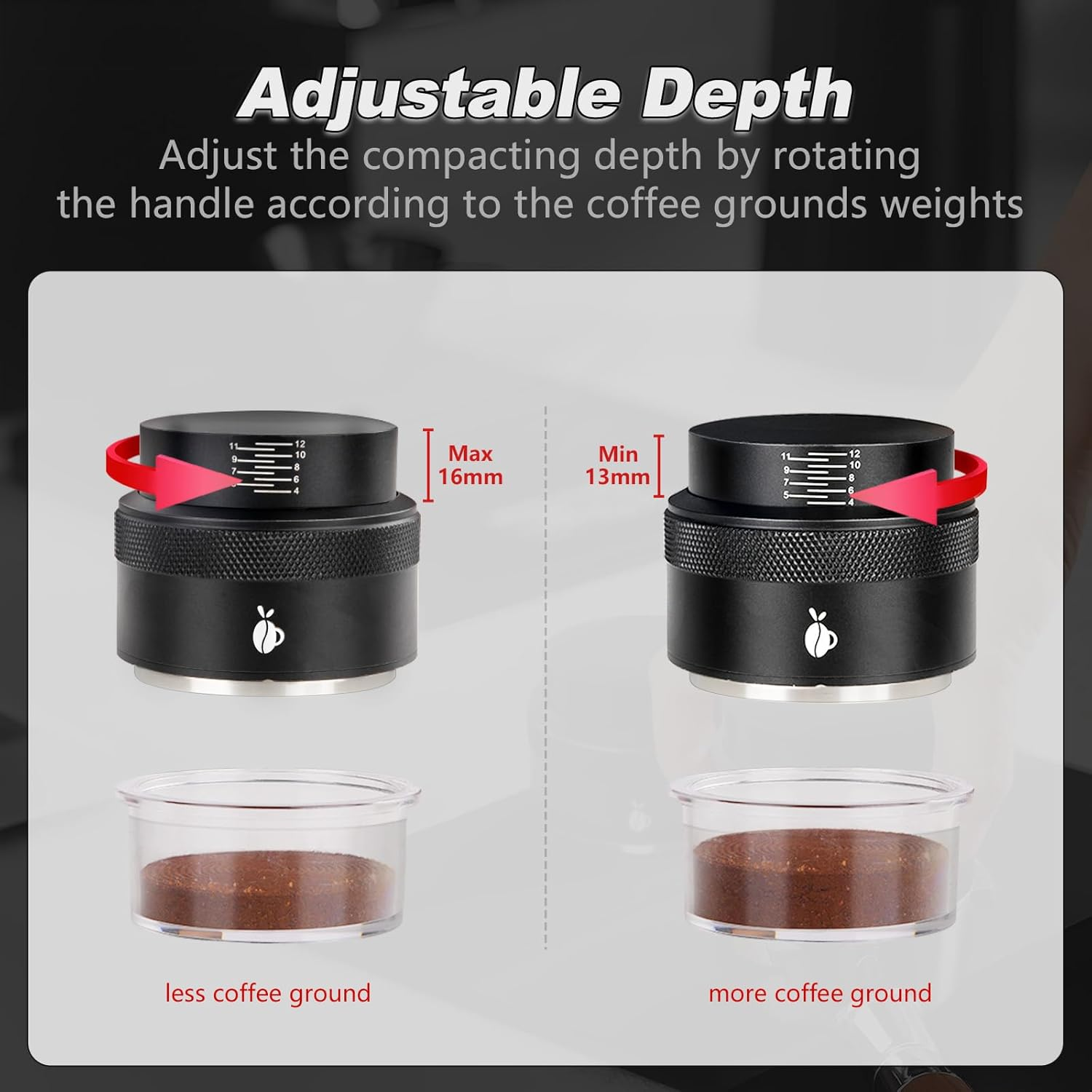 Espresso Tamper 51Mm, Adjustable Depth Coffee Tamper with Calibrated Spring Loaded, 304 Stainless Steel Palm Tamper Tool, Fits 51Mm Portafilter Basket (Black) image number 3