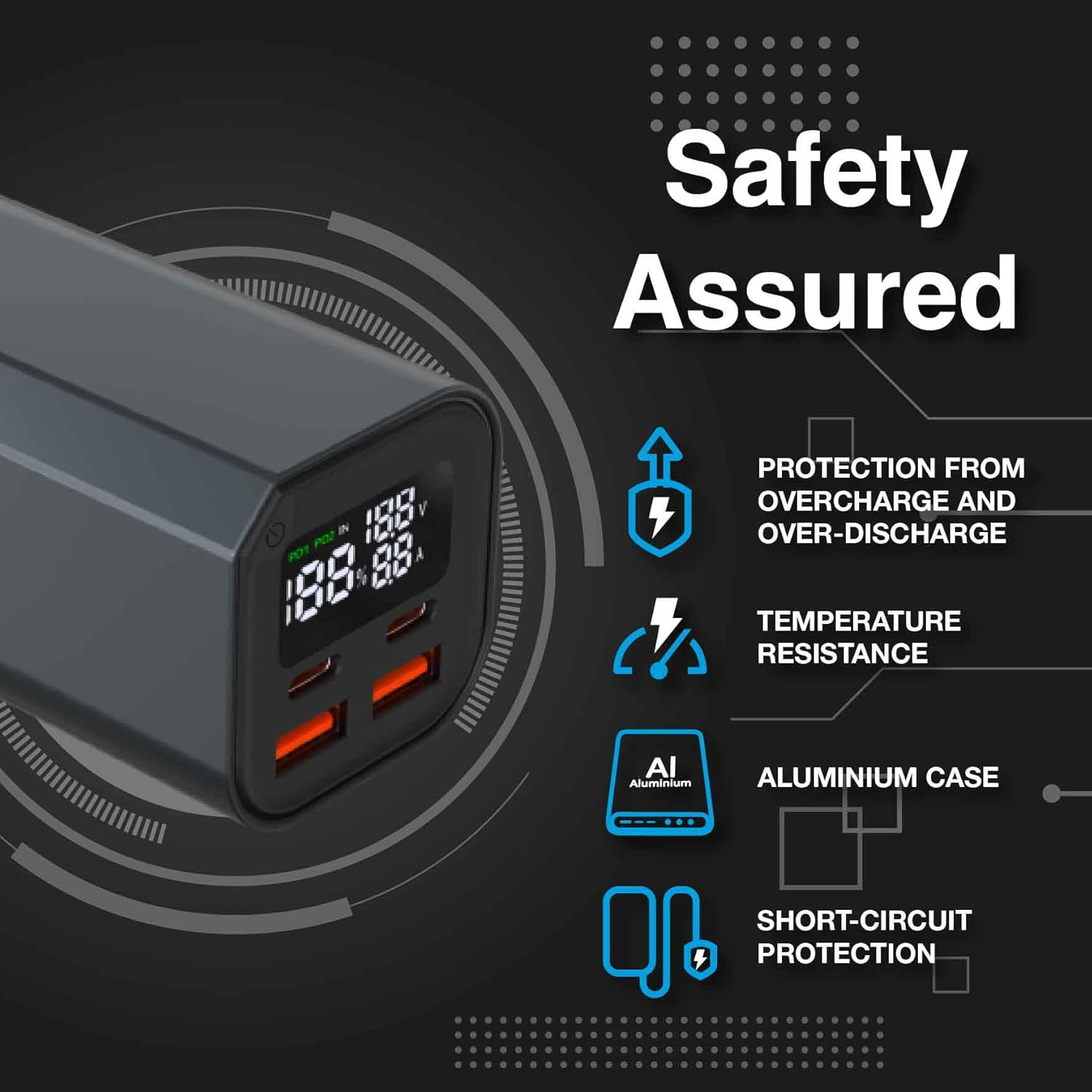 Laser 20000Mah Laptop Powerbank with 100W Power Delivery, 4 Ports (2 USB-A, 2 USB-C), Fast Charging, LED Display, Portable, Safe and Reliable Charging for Laptops, Smartphones, Tablets - Black image number 5