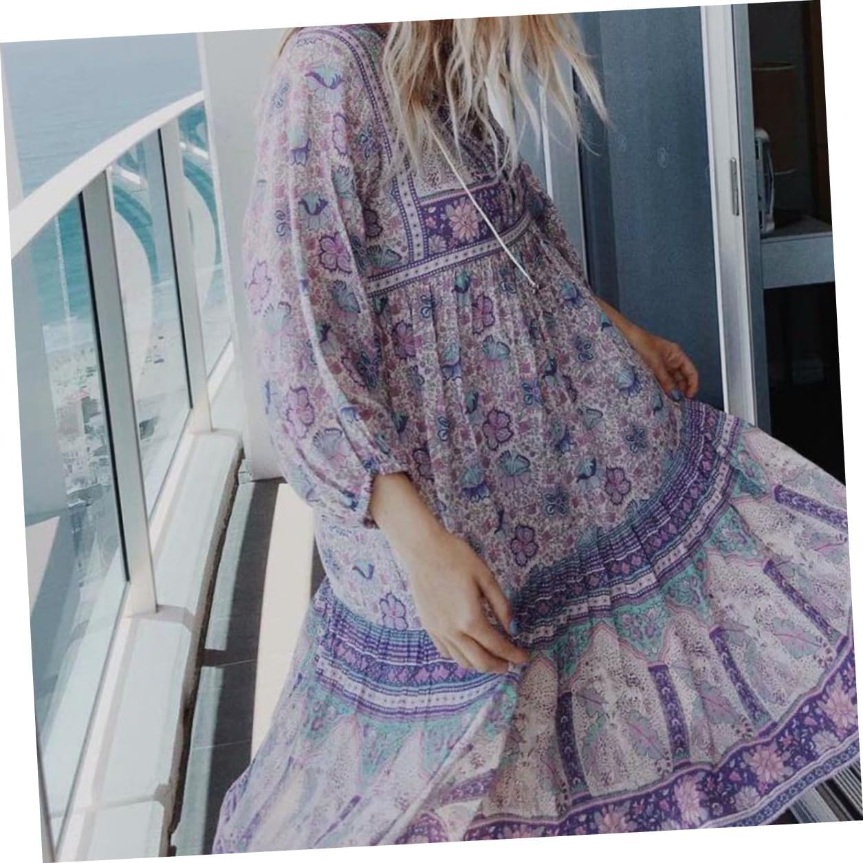 Bohemia Style Maxi Dress for Women Long Sleeve Lapel Elegant Party Wear Dress Casual Daily Workwear Blue