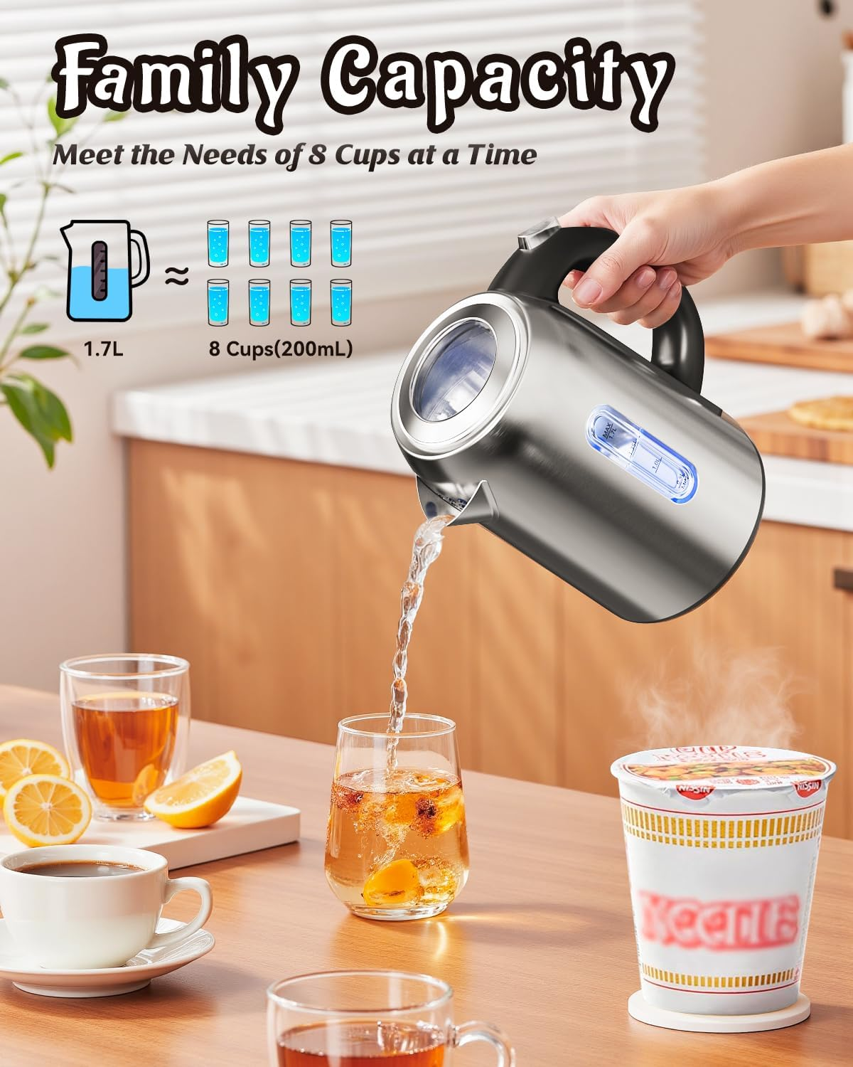 Billord Electric Kettle - 2200W Stainless Steel Kettle with No Plastic Filter & Spout, 1.7L Fast Boiling Water Kettles for Coffee & Tea with Detachable Base, Auto Shut-Off, Boil-Dry Protection image number 1