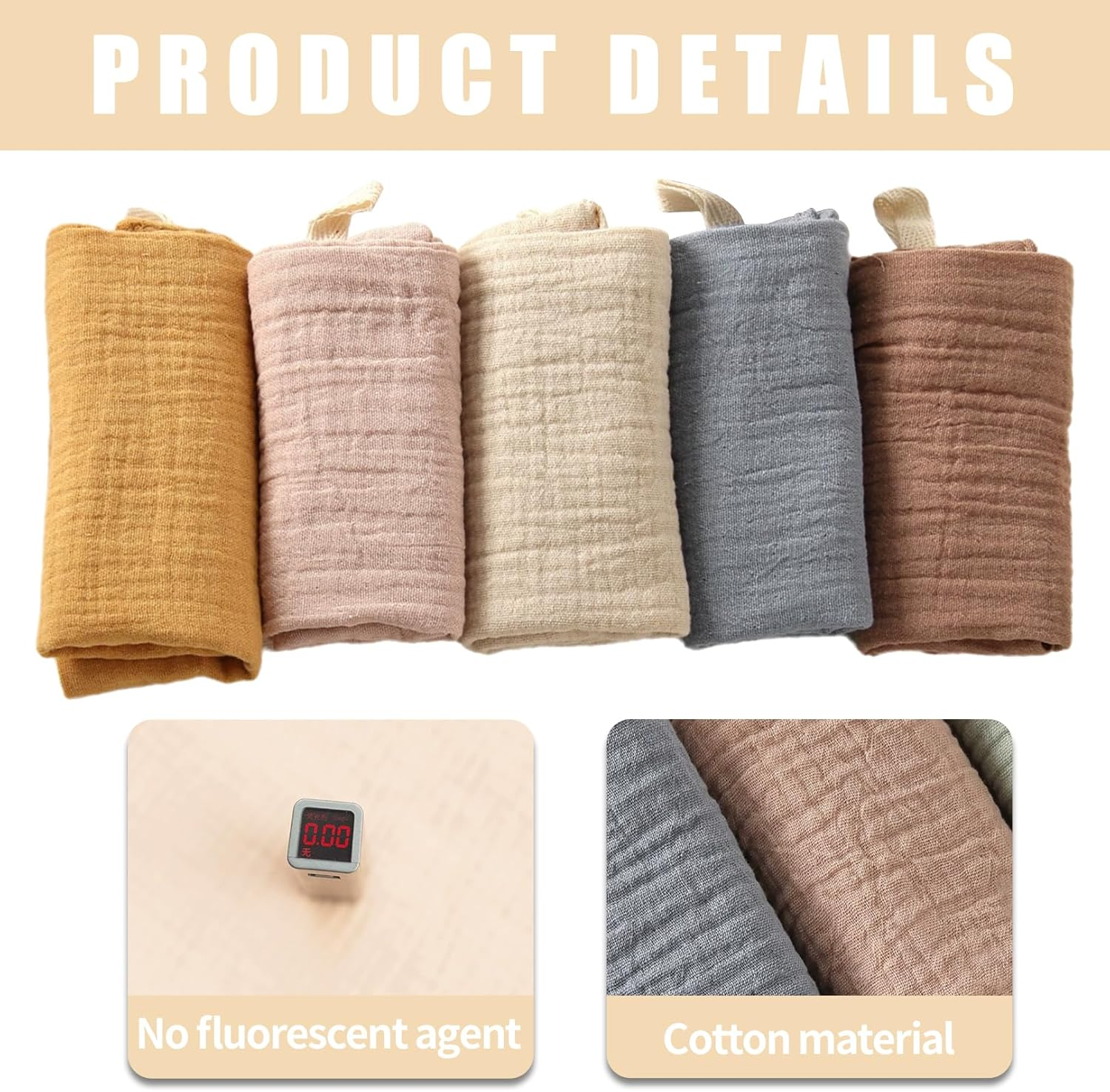 Toumett 5 Pcs Muslin Cloths for Baby,Wash Face Muslin Squares,Baby Essentials for Newborn,Burp Cloths,Natural Cotton,For Newborn Baby/Boy/Girl Wiping Bathing Feeding (23X22Cm) image number 2