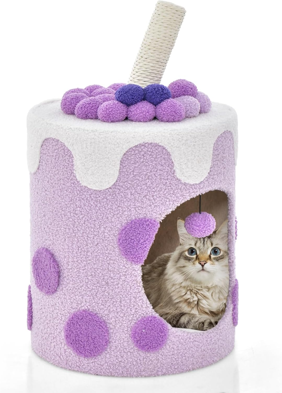 Multi-Functional Small Cat Tree Tower with Scratching Post, Dangling Ball and Cat Condo, Modern Cute Cat Tree for Indoor Cats with Soft Cushion-Purple