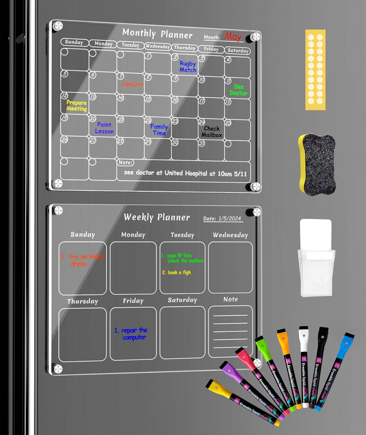 Joiyota Acrylic Magnetic Calendar for Fridge, 2-Pack Clear Dry Erase Monthly & Weekly Reusable Planner/Planning Board for Refrigerator, Includes 8 Markers, Pen Holder & Eraser, 30X40Cm, Popular in USA