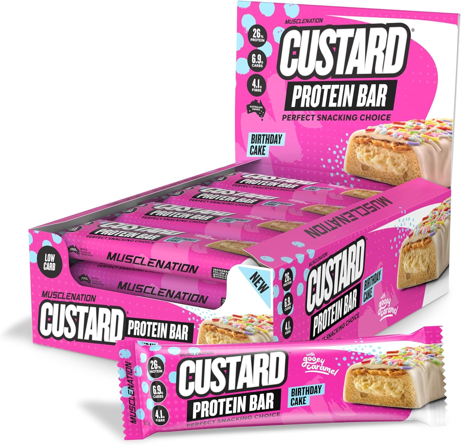 Muscle Nation Birthday Cake Custard Protein Bars 12 X 60G &ndash; High Protein Snack with Vanilla Custard, Caramel & Sprinkles 12-Pack image number 1