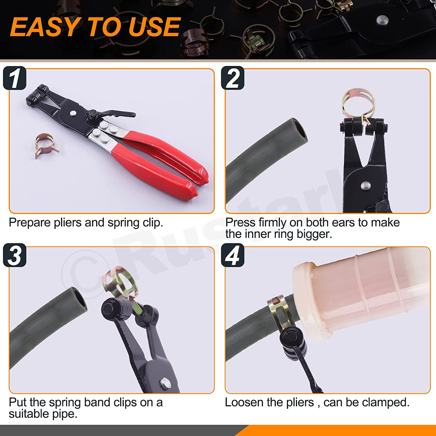 Rustark 121Pcs 12 Different Sizes 7-22Mm Spring Band Hose Clamps with Spring Clamp Pliers Assortment Kit, Fuel Line Silicone Vacuum Hose Pipe Clamp Low Pressure Air Clip Clamps Fasteners image number 6