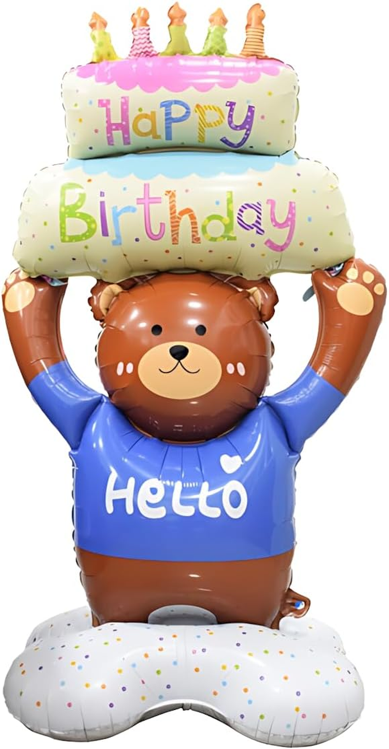 Standing Happy Birthday Cake Foil Balloons, Happy Birthday Foil Balloon with Bear, Large Birthday Cake Balloon for Kids Adults Birthday for Baby Showers and Birthday Party (Birthday Cake)