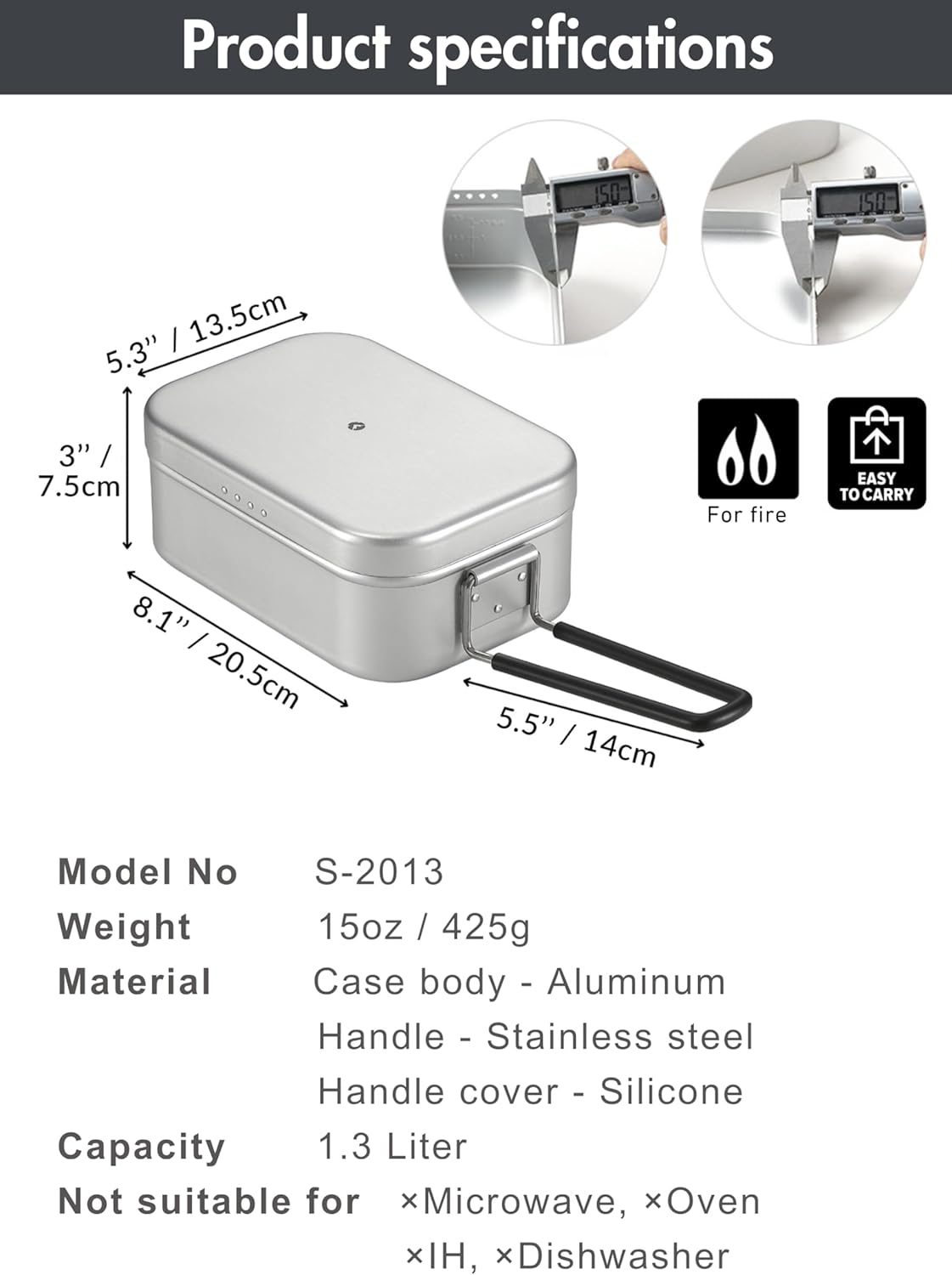 CAMPINGMOON Mess Tin 1.3L Aluminium Camping Cookware Extreme Thick S-2013 image number 2