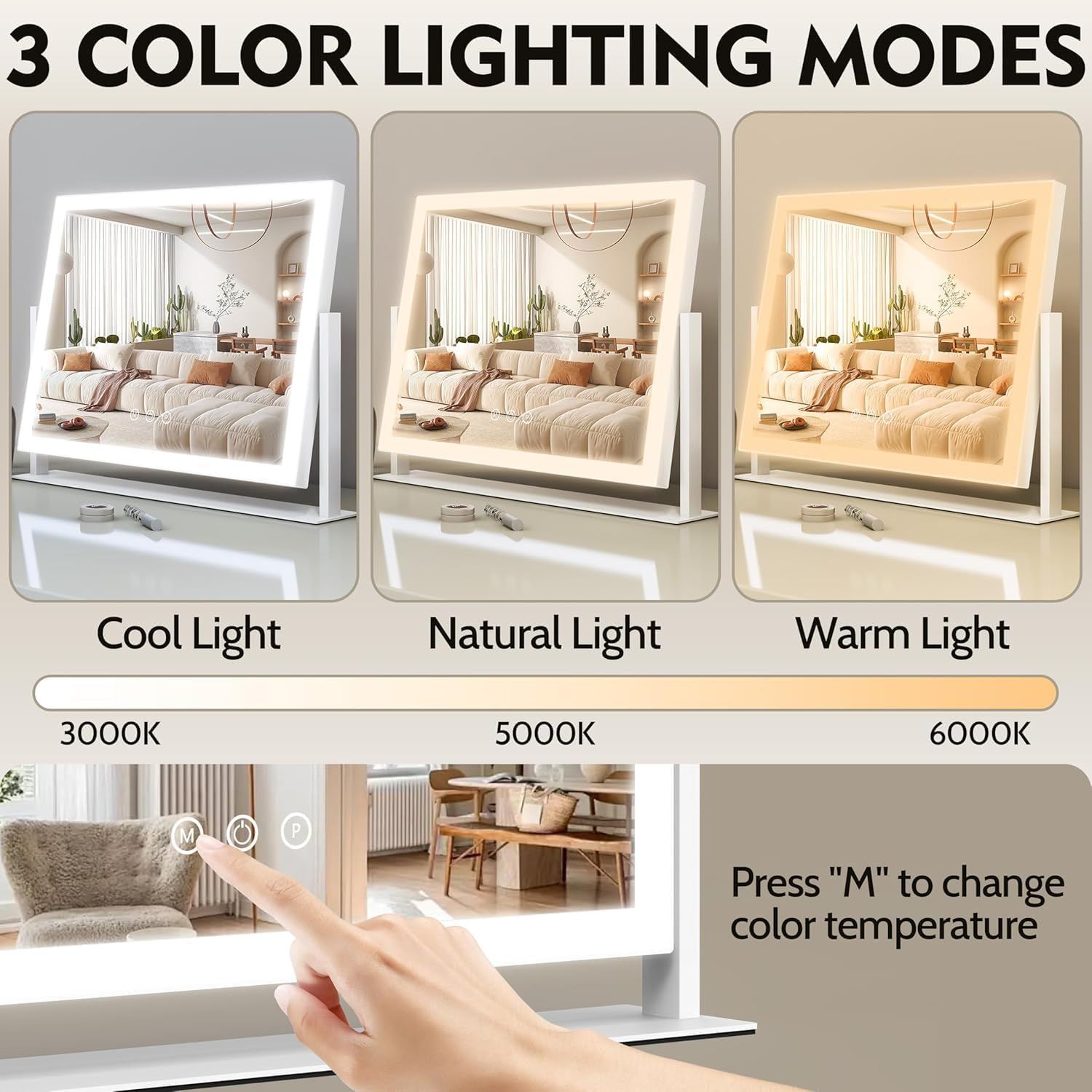 Lighted Makeup Mirror, 41X32Cm Hollywood Vanity Mirror with Lights, 10X Magnification, 3 Color Lighting Modes, Smart Touch Control, 360&deg; Rotation for Bedroom or Tabletop (White) image number 3