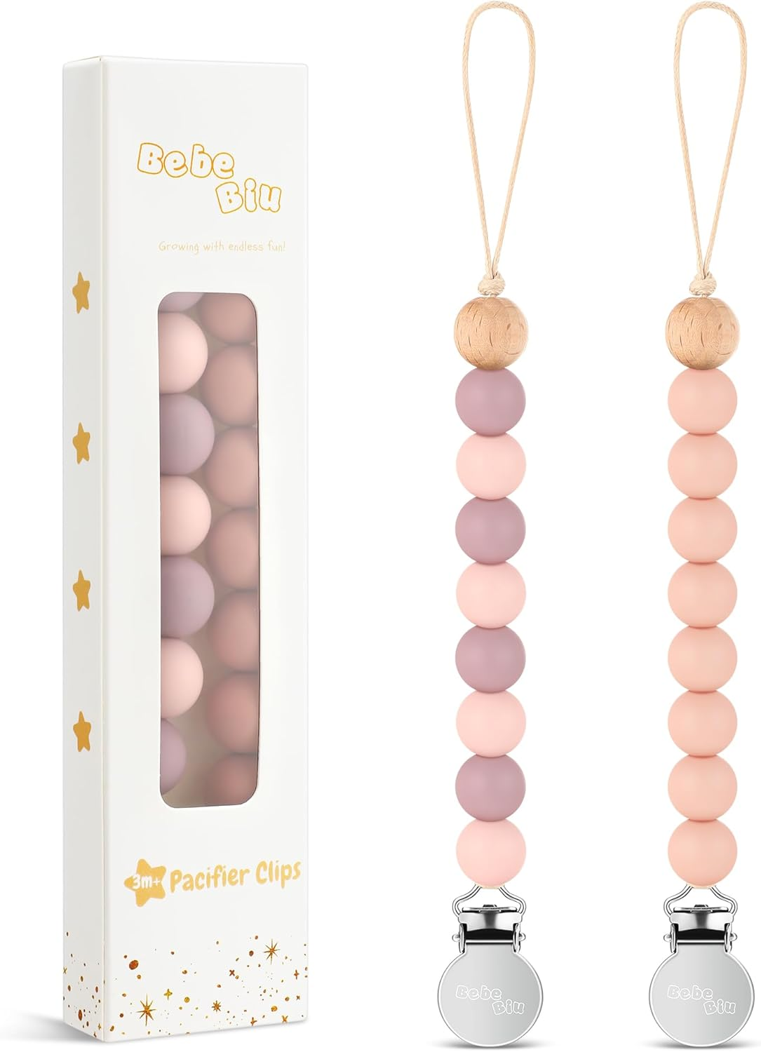 Silicone Dummy Clip for Baby Boys and Girls, 2 Pack Pacifier Clips, Dummy Chain, Soother Dummy Holder, Keeps Pacifier Clean (Mauve/Muted)