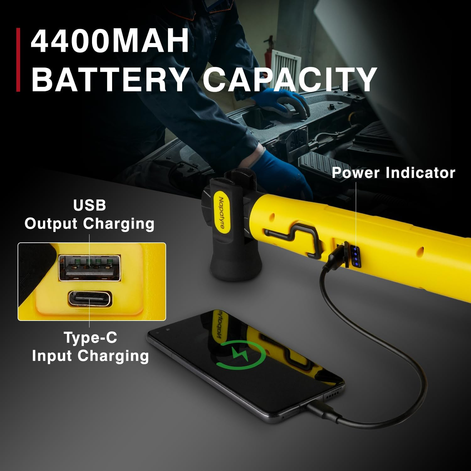 Rechargeable LED Work Light, 2400LM 4400Mah Bright Magnetic Underhood Mechanic Light with Hooks & Rotating Magnetic Base for Car Repair, Garage, Workshop, Emergency image number 3