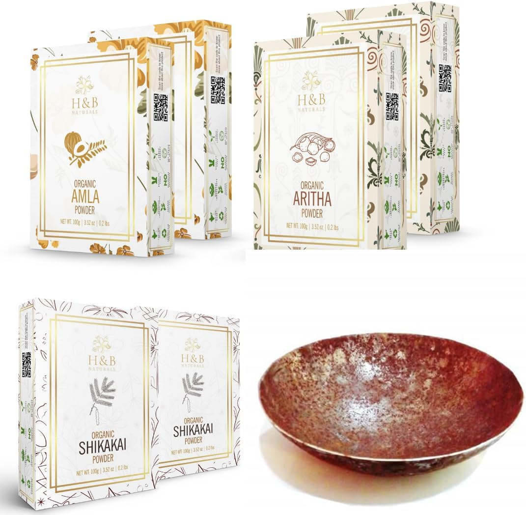 H&B NATURALS (600 Gm) Amla, Reetha, Shikakai Powder with Free Iron Bowl for Hair, Hair Growth, Hair Mask Each 200 Gm (100 * 2) image number 4