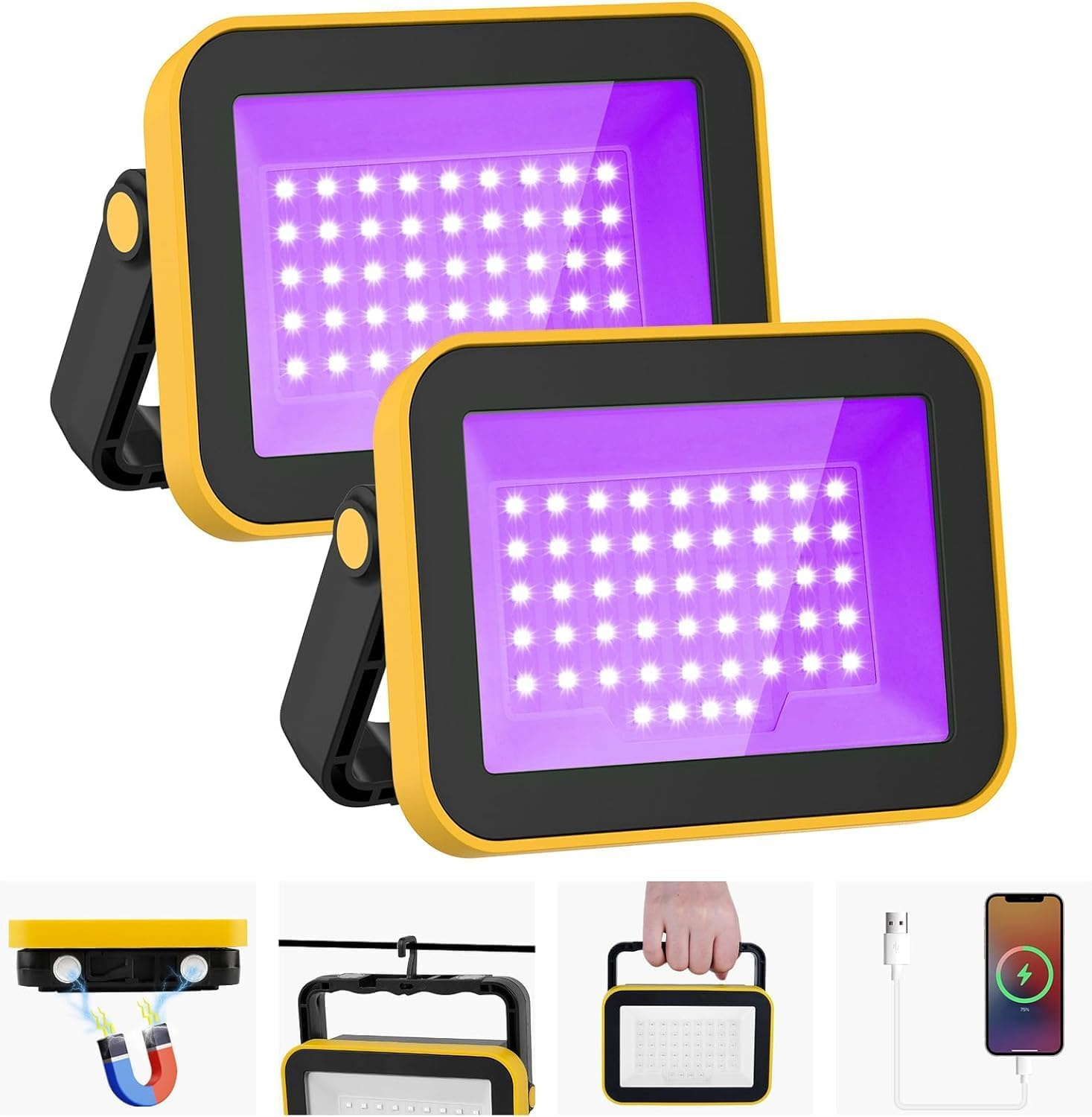 T-Sun Rechargeable LED Black Lights, Battery Powered Blacklight,2 Pack Flood Lights for Fluorescent Neon Glow in the Dark, Party, Stage Lights, Body, Paint, Indoor Decor