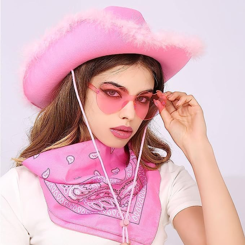 Jevenis Cowgirl Hat Cowboy Hat Women Western Cowgirl Hat with Feathers Bandana Heart Shape Sunglasses for Bachelorette Party Halloween Birthday image number 4
