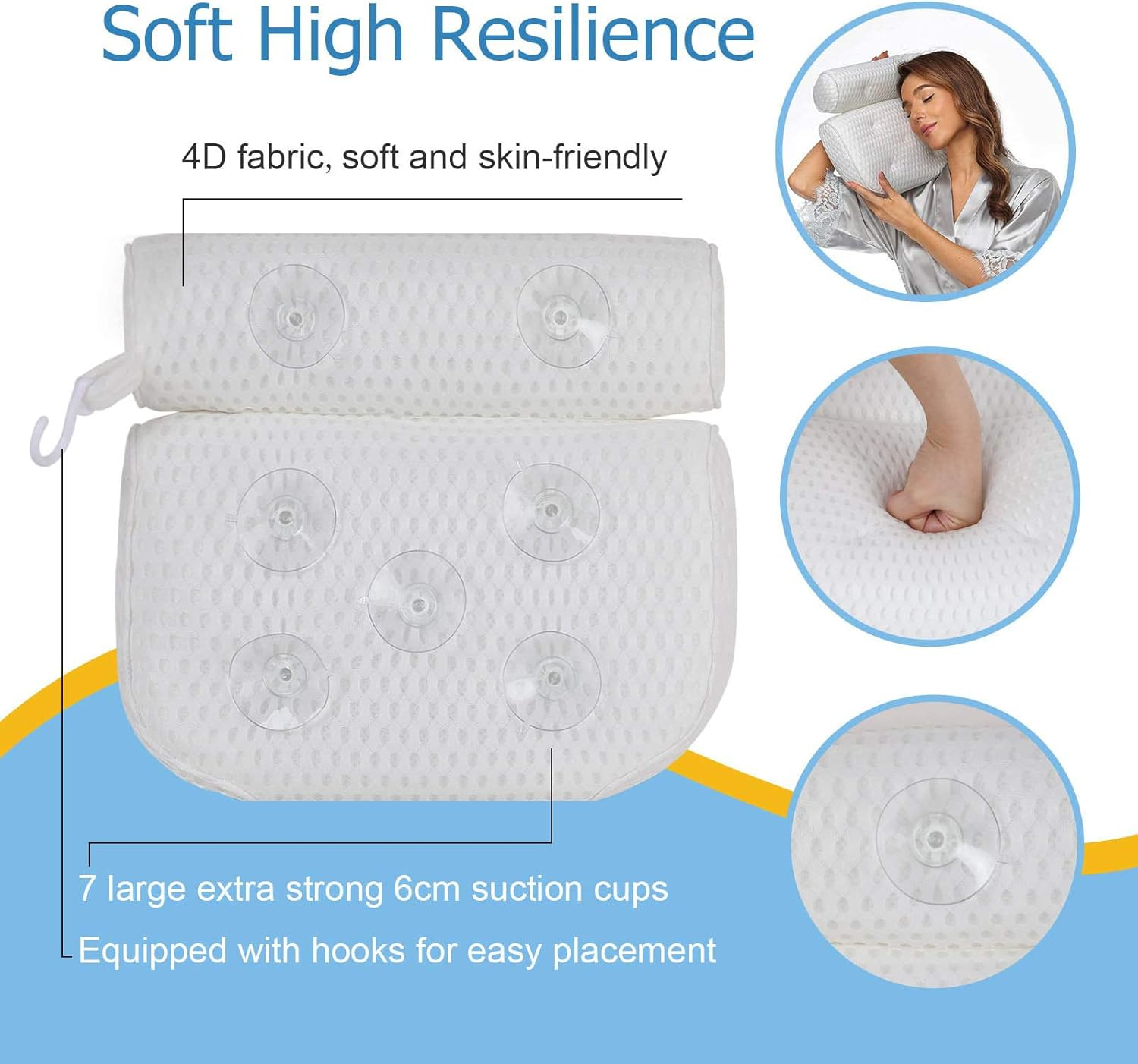 Bath Pillow for Bathroom,Bathtub Spa Pillow with 4D Air Mesh Technology and 7 Suction Cups,Support Headrest,Back,Shoulder and Neck Cushion,All Bathtub, Hot Tub and Home Spa,Extra Thick,Quick Dry,Soft image number 4