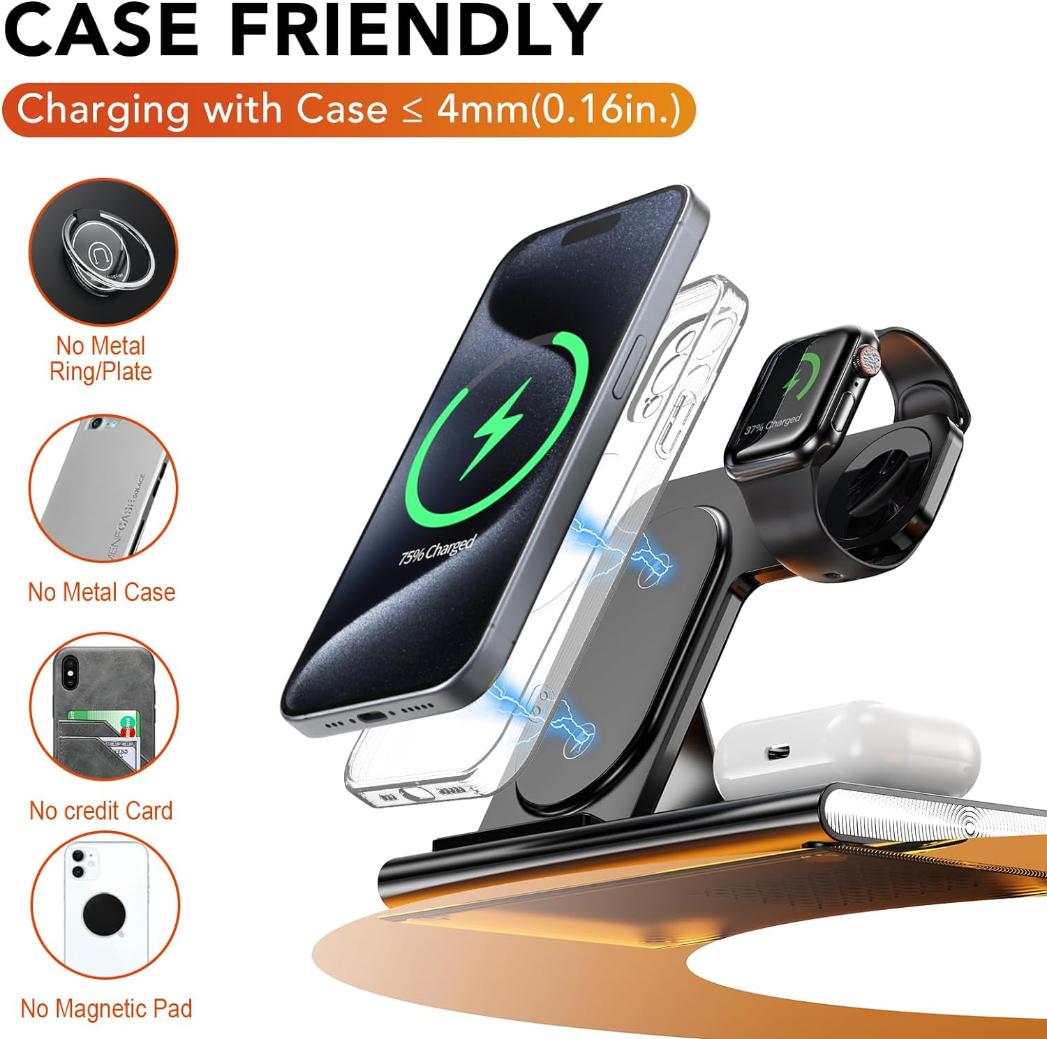 KARTICE Wireless Charger,3 in 1 Foldable Fast Wireless Charging Station for Iphone 17 16 15 14 13 12 Pro Max, Apple Charging Station with Light for Apple Watch 11 10 9 Ultra3/2 Airpods 4 3 2 Pro 3/2 image number 2