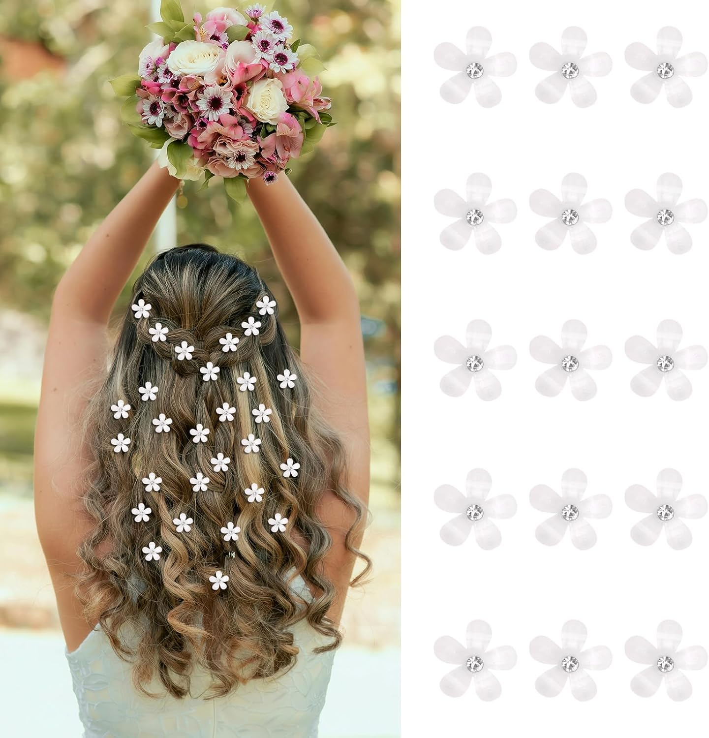KIUEZIR Pack of 20 Small White Flowers Hair Clips Set - Smooth Crystal Surface with Rhinestones Decoration & Metal Clips, Mini Grip Clips for Women Everyday/Party/Wedding Hairstyles image number 4