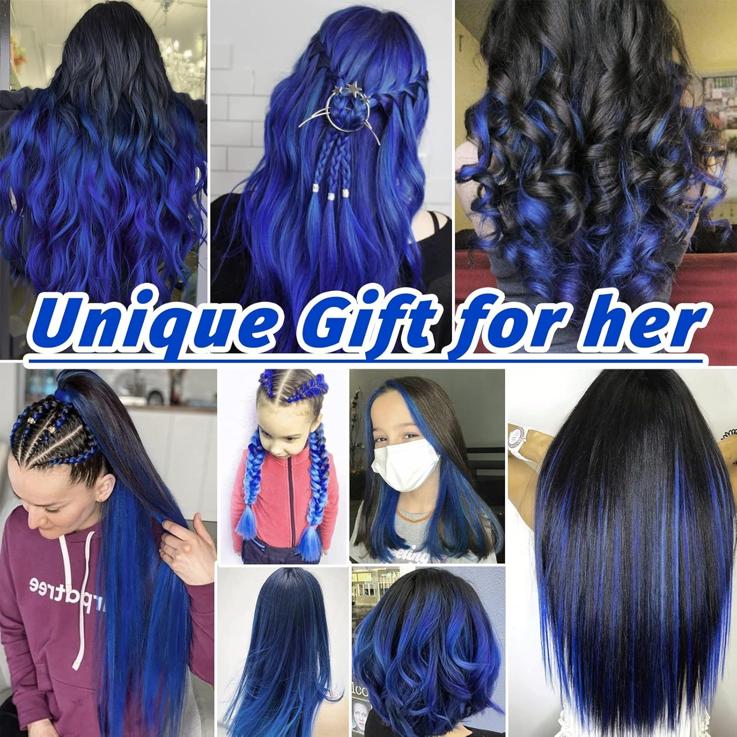 16 Coloured Clip-In Hair Extensions, 22 Inch Colourful Highlights Hairpieces Straight and Long Heat Resistant Synthetic Hair Accessories for Kids Girls Women Party Hair Accessories (16 Pieces-Blue) - Dark Blue image number 4