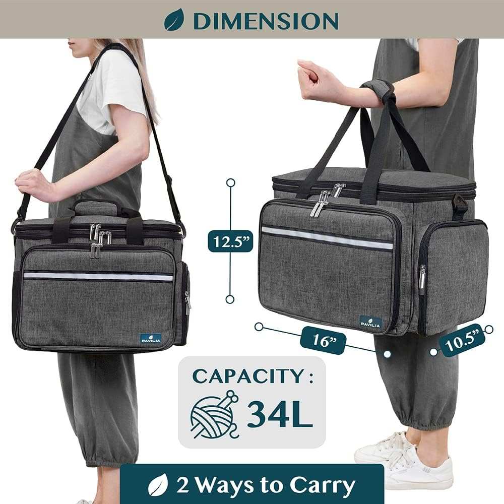 PAVILIA Knitting Bag Yarn Storage Tote, Large Crochet Organizer Bag, Yarn Storage Holder for Crocheting Knitter, Knitting Project Bag, Crochet Accessories Set, Gifts for Crochet Lovers - Charcoal Grey image number 2