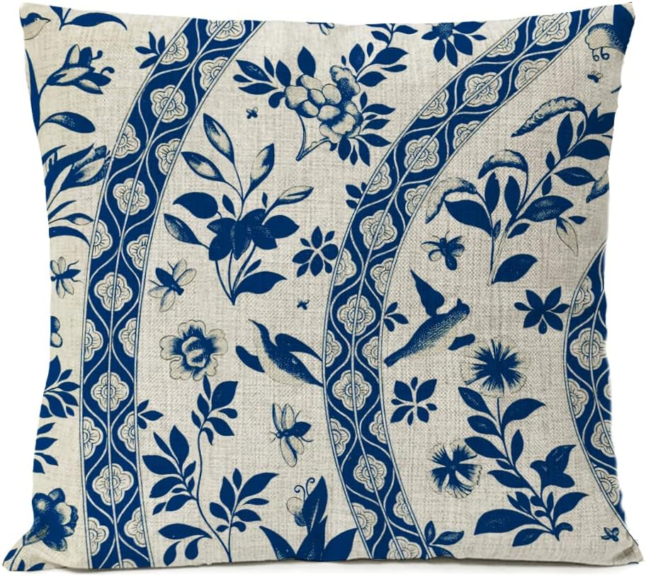 FUNHOM Blue Flowers Pillow Covers 18X18 Set of 4 Leaf Floral Linen Pillow Cover Home Decorative Sofa Leaves Vintage Pillow Cases Cushion Cover image number 2