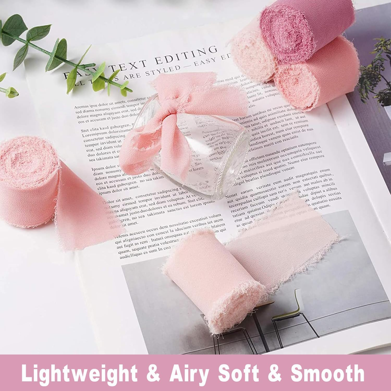 3 Rolls Handmade Fringe Chiffon Ribbon Craft Fabric 4Cmx5M for Gift Wrapping, Wedding Decor, Bouquet Wrap, Bow Making, Bridal Bouquets