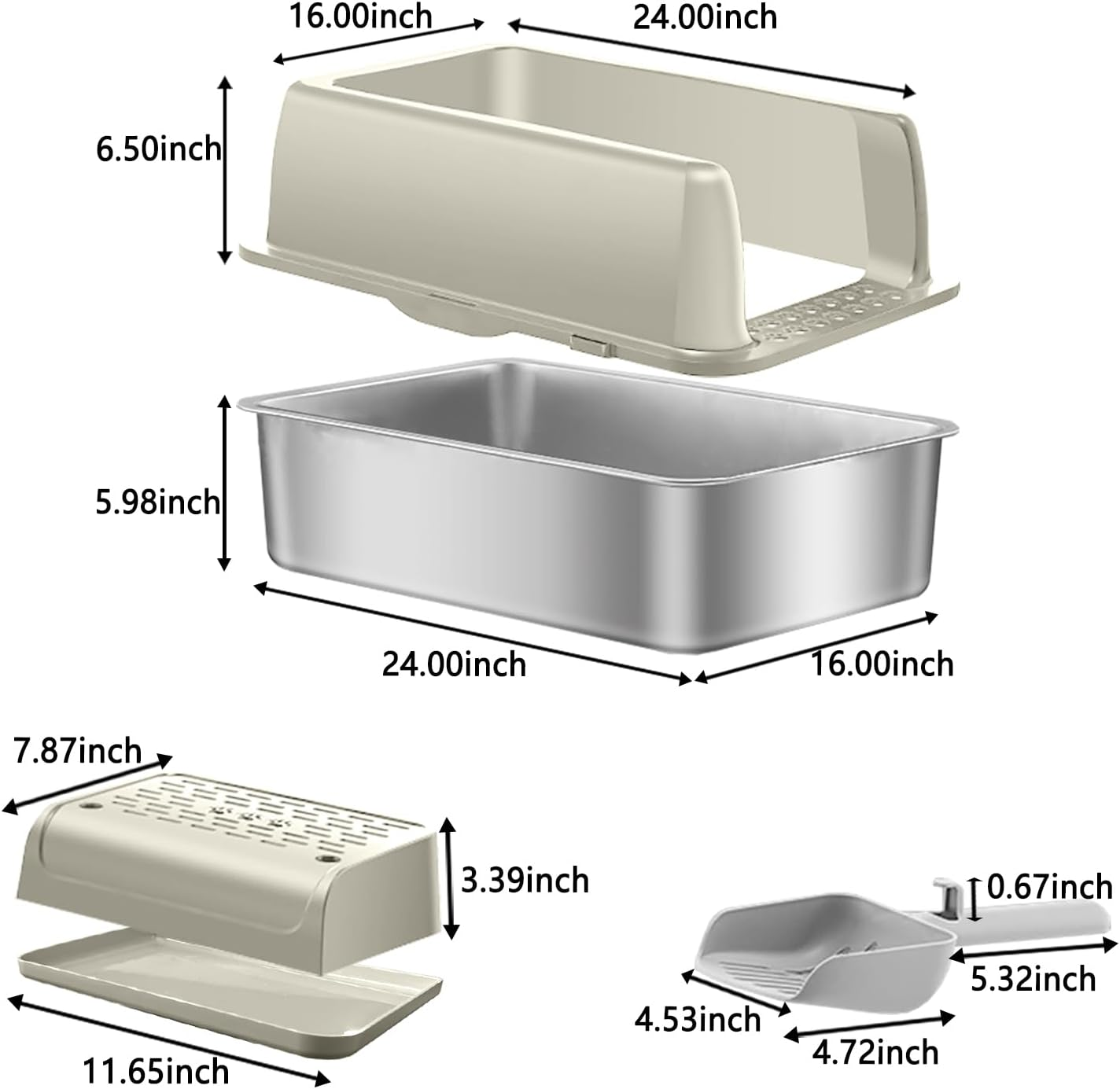 Menbyci Stainless Steel Cat Litter Box with Lid Footboard,Metal Extra Large Litter Box Self Cleaning,High Side Enclosure Cat Litter Tray for Big Kitty,Cat Scooper for Litter Boxes,24X16X12In (Khaki) image number 5