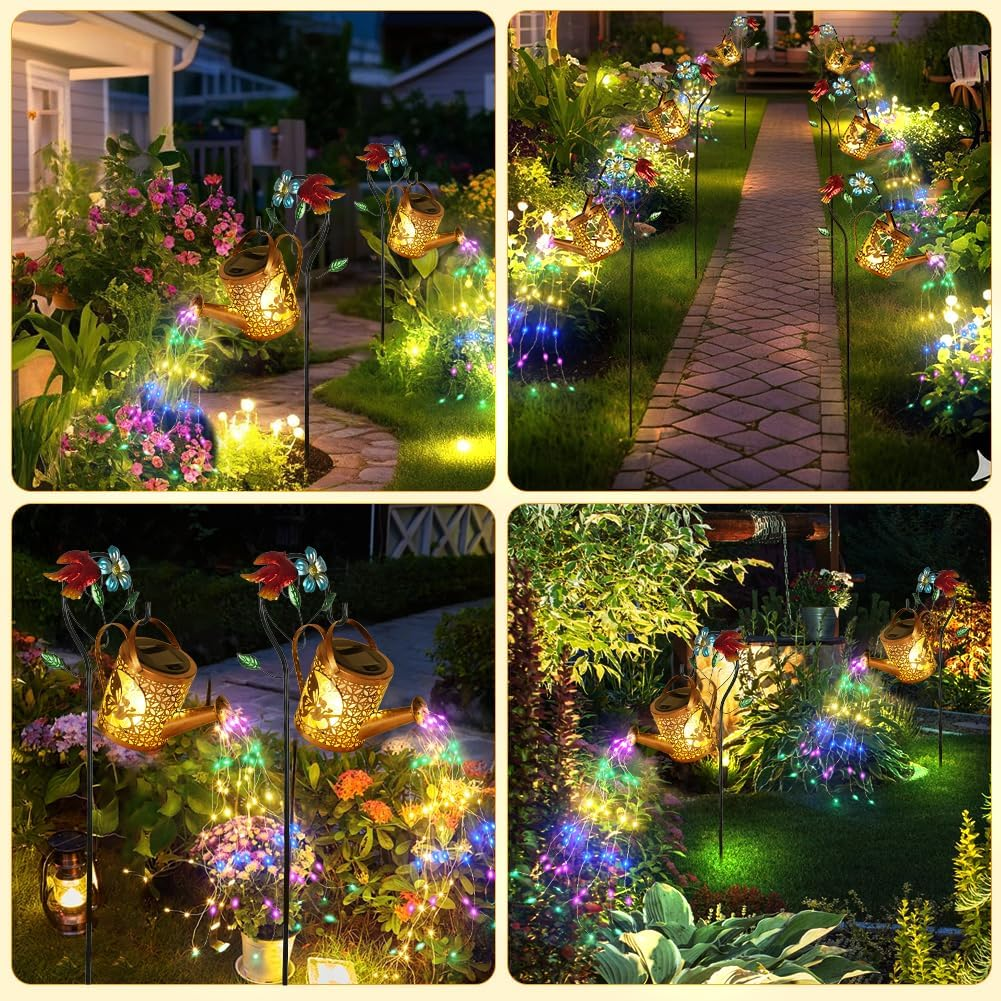 Vsshe Solar Watering Can Fairy Lights Outdoor Garden Decoration, LED Outdoor Solar Lights with Shepherd Hook for Outdoor Garden Waterproof Vintage Fairy Lights for Yard Path Balcony Patio Garden image number 3