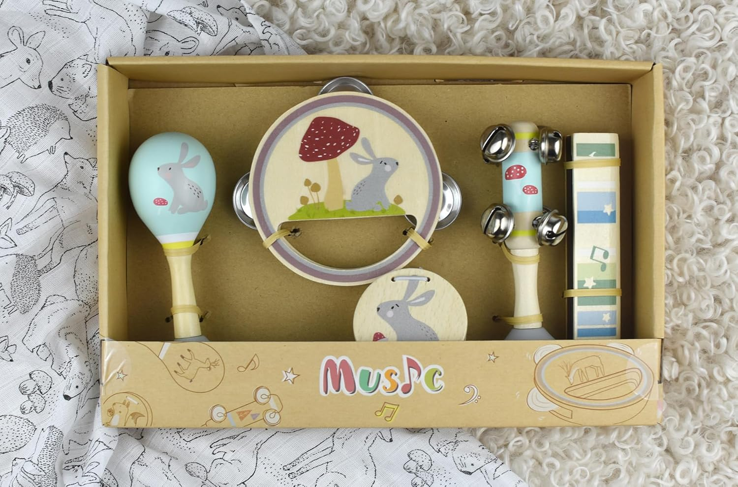 Kaper Kidz Calm & Breezy Rabbit Wooden 5PCS Musical Set : 5 Piece Baby Music Gift Set image number 1