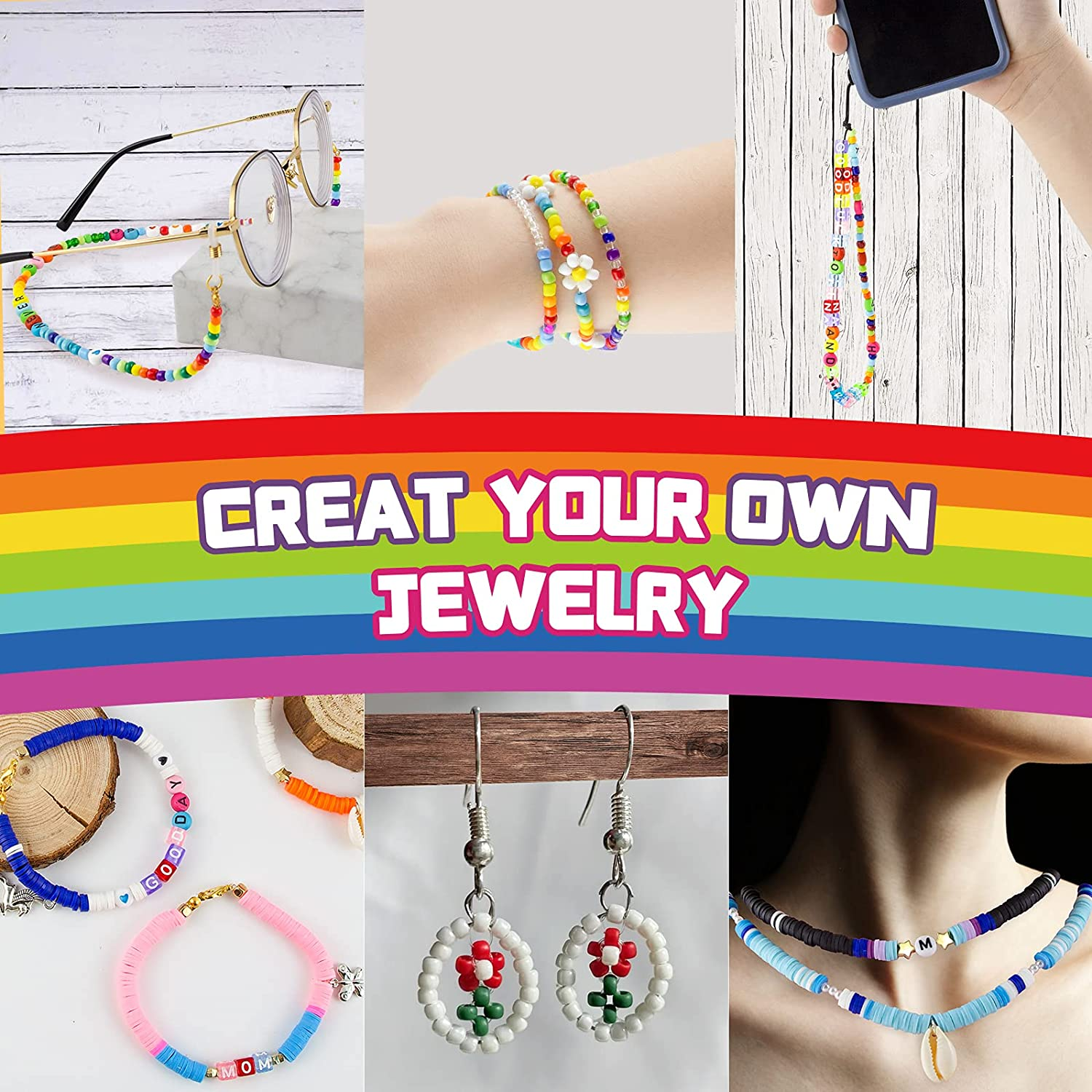 AKILION Beads for Jewellery Making Kit Includes 5500 Pcs Glass Seed Beads 2400 Pcs Flat Clay Beads 820 Pcs Alphabet Beads Pearl Beads Pendant Jewelry Wire, DIY Beading Kit, Necklace Bracelet Earring Making Kit, Arts & Drafts Supplies for Kids, Gift Set for Teens Girls