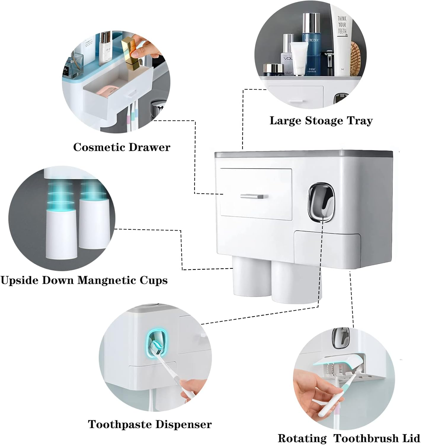 Hushnow Toothbrush Holder Wall Mounted,Toothbrush Storage Box with Dust Cover, Equipped with Toothpaste Dispenser,Cup and Drawer Storage Box(2 Cups, Gray Toothbrush Holder) - Black image number 7