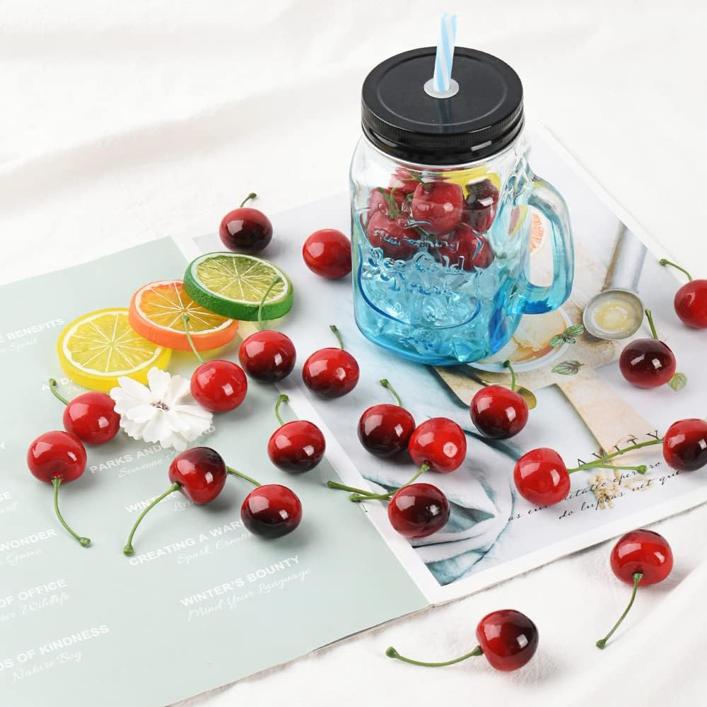 LUEYAO Artificial Cherry Fruit Fake Cherries Red Simulation Red Black Cherries Artificial Cherry Decorations Fake Fruit Model Home House Kitchen Party Decoration 100 PCS image number 2