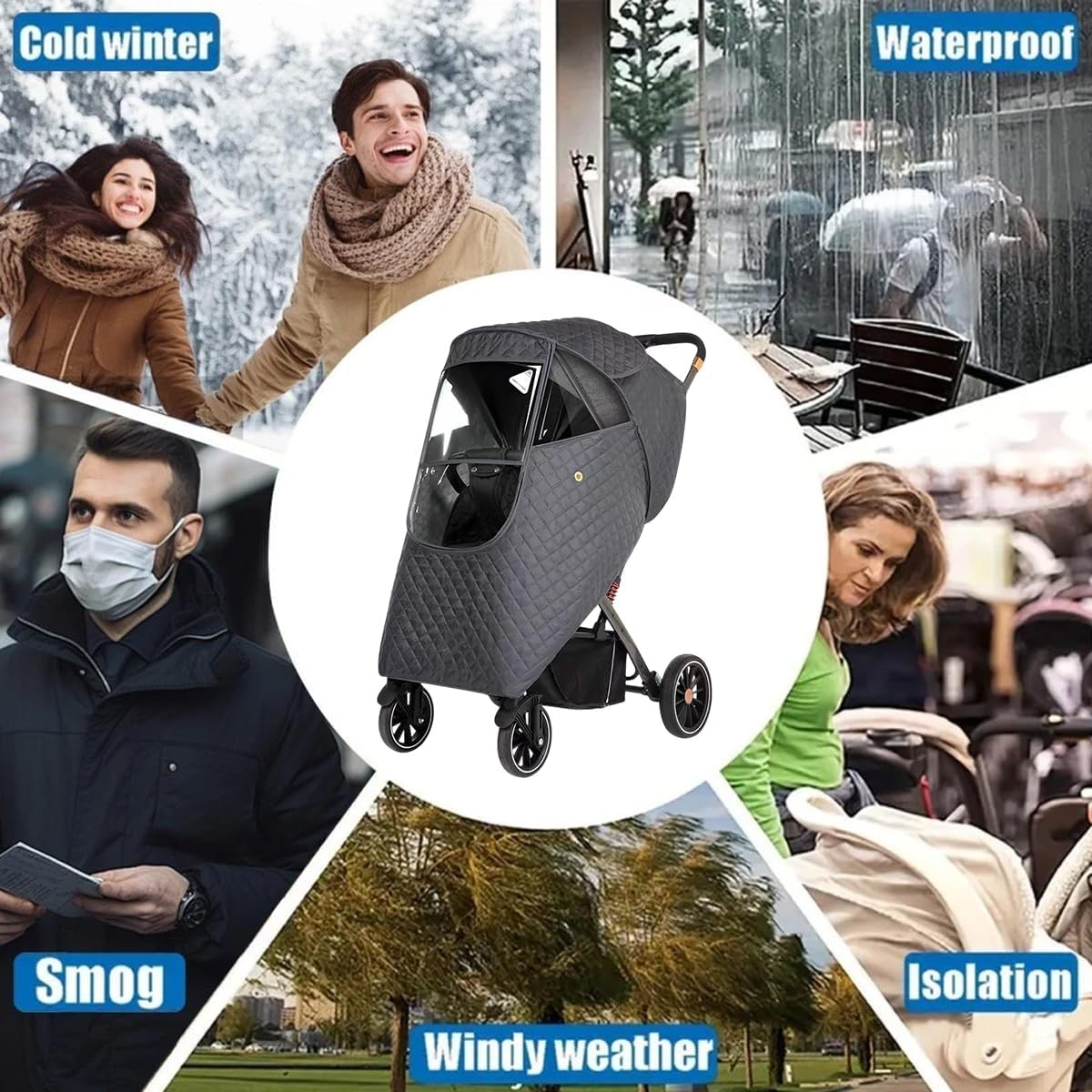 AIMALL Universal Baby Stroller Rain Cover with Zipper Door, Breathable Quilted Windshield, Thermal Insulated Waterproof Weather Shield for Umbrella Strollers