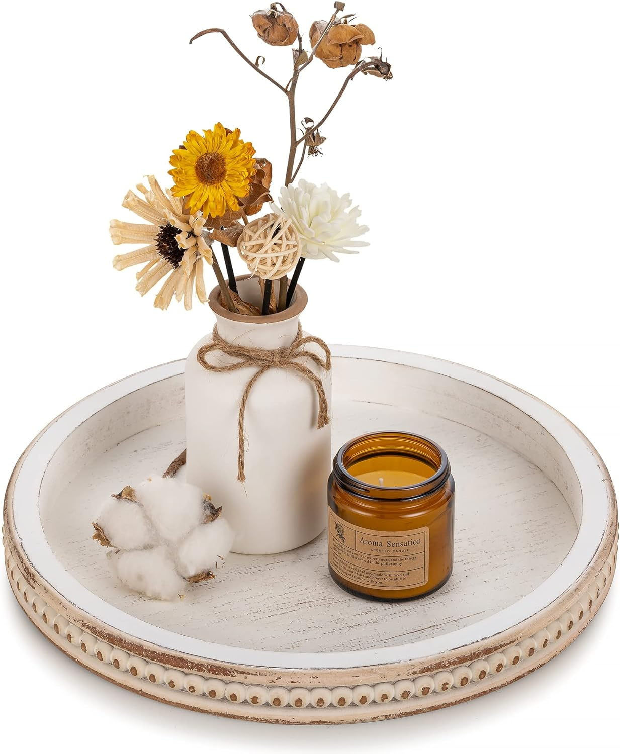 Hanobe Decorative Tray round Coffee: Beaded White Circle Serving Tray Bohotable Centerpiece Decor Vintage Rustic Wood Kitchen Counter for Living Room Home Bathroom image number 1