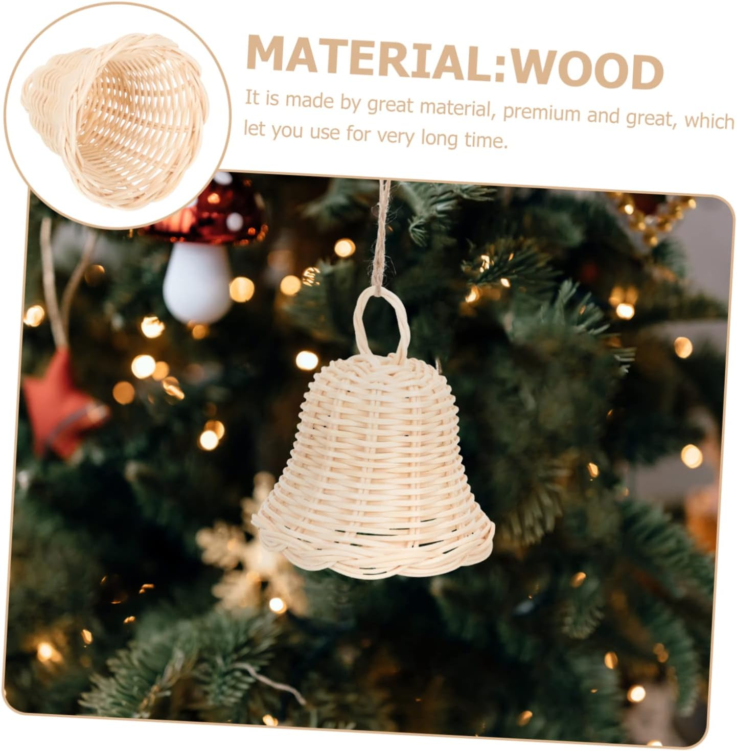 5Pcs Decorative Rattan Bell Shape Ornament Pendant for Xmas Tree Wall Hanging Decor Plaything for Christmas Party Home Decoration image number 5