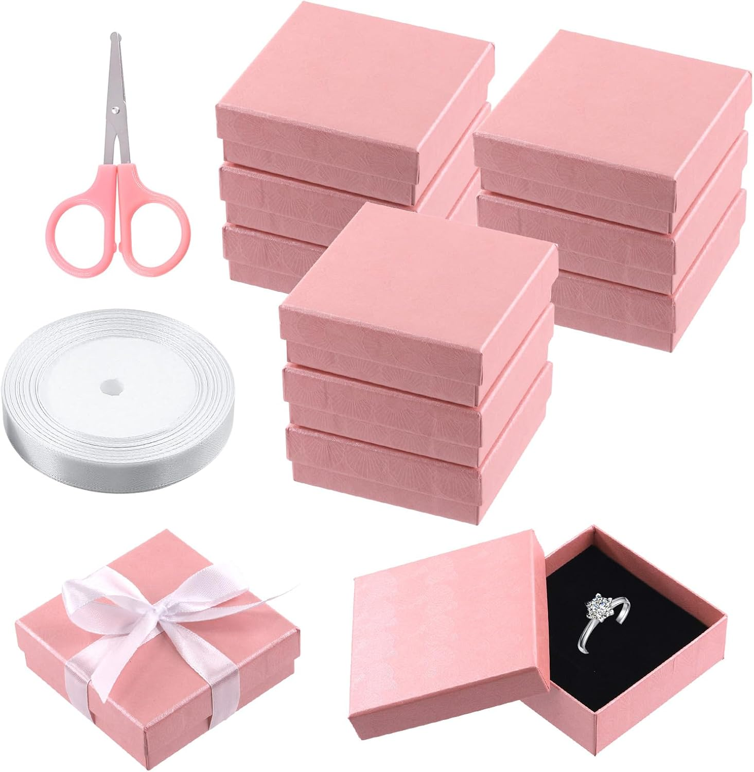 Swpeet 12Pcs Pink 3.5 X 3.5 X 1.2Inch Fan Pattern Cardboard Jewelry Gift Boxes with Scissors and Polyester Ribbon Assortment Kit, Necklace Earring Bracelet Boxes Gift Case for Jewelry Storage