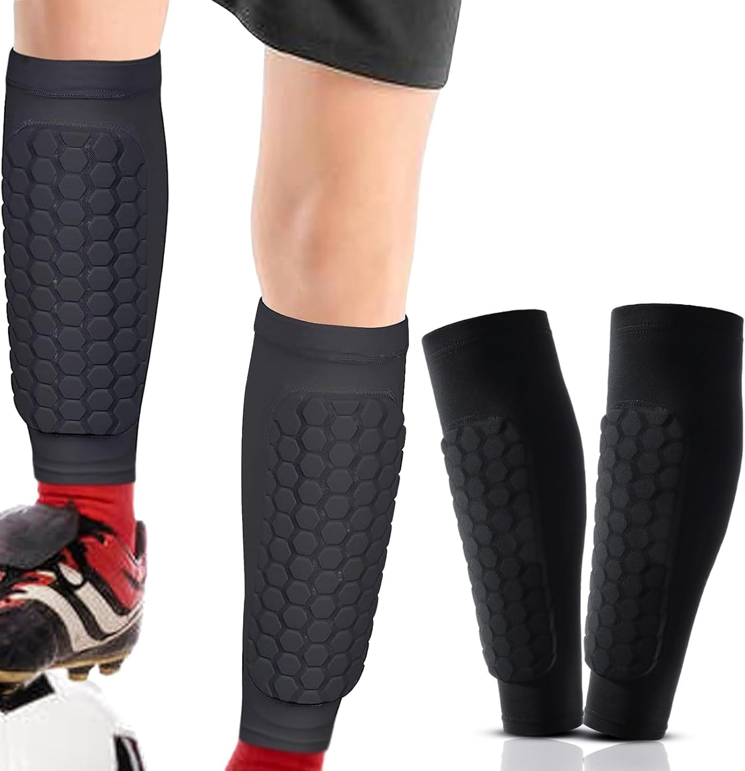 Honeycomb Compression Sleeve Shin Guards, Soccer Football Protective Pads, Calf Support, 1 Pair - Black, M image number 3
